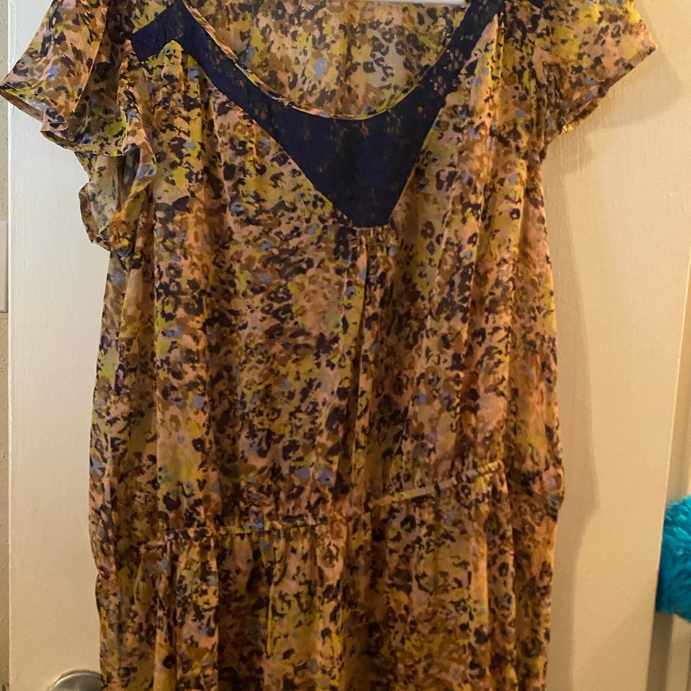 Floral Yellow Brown Boho Tiered Dress with Navy Trim